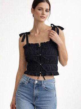 Zara Black Ruched Tie Front Crop Top Ribbon Straps Rhinestone Detail Size M